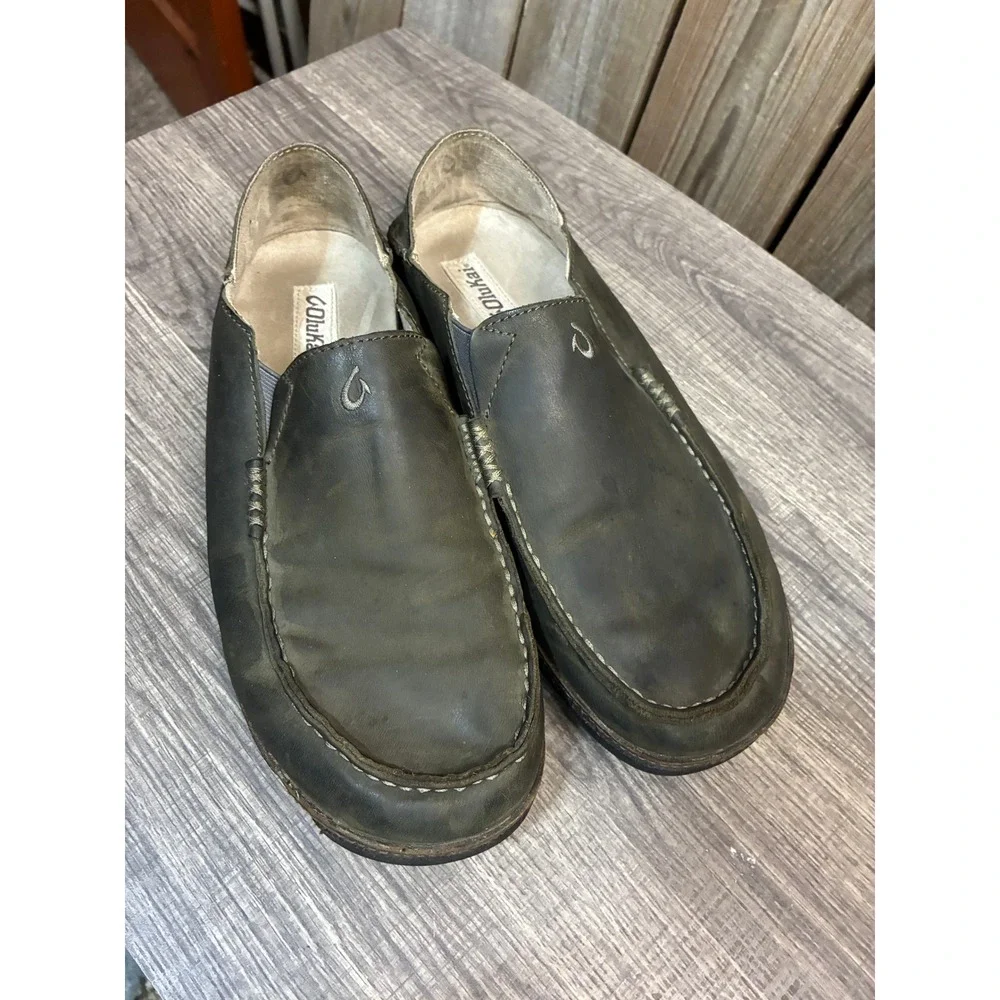 OluKai Moloa Mens Dark Olive Green Leather Slip On Loafers Shoes 10128-7A7C 11.5